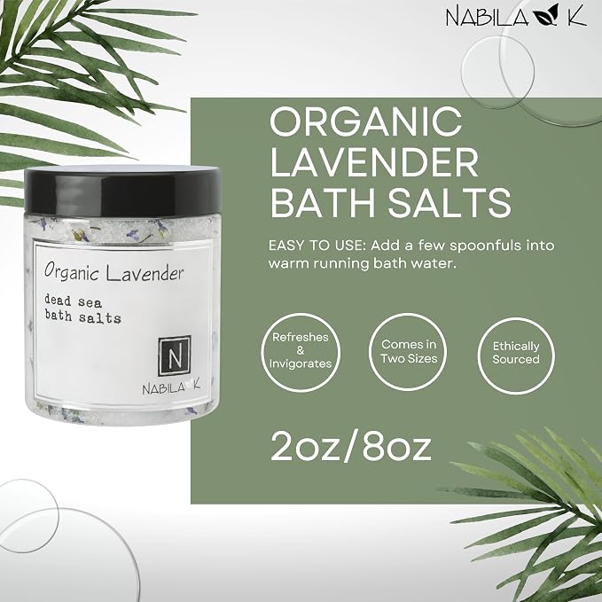 Organic Lavender Bath Salts for Women & Men - Dead Sea Salt & Epsom Salt Relaxing Soak and Scrub - Organic Buds & French Lavender Oil, Cruelty-Free, Sulfate-Free | Travel Size, 2 oz | Nabila K