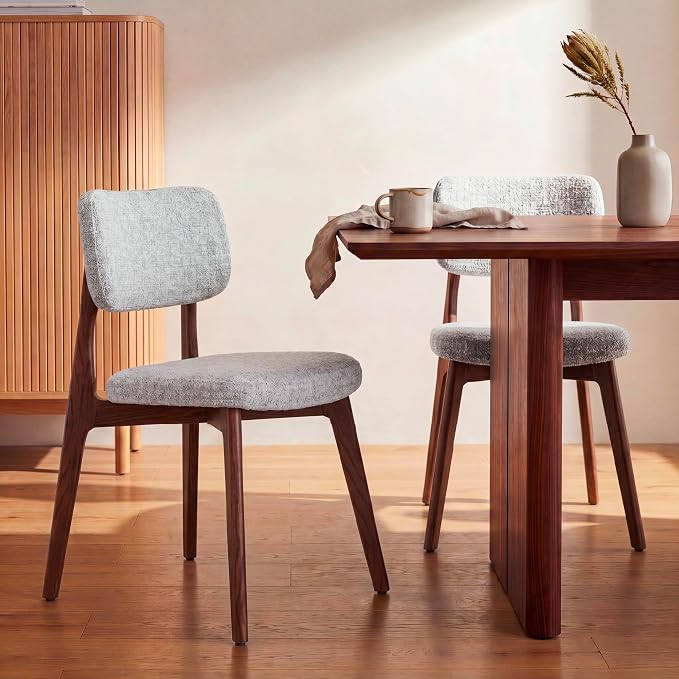 COLAMY Dining Chairs Set of 6, Modern Upholstered Kitchen Room Chairs with Solid Red Oak Wood Legs, 5-Min Easy Assembly Anti-Wobble, High-Weight Fabric Farmhouse Side Chair, 300lbs,Walnut,Beige