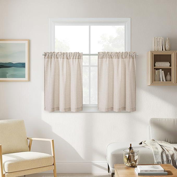 Linen Kitchen Cafe Curtains 30 Inch Length for Farmhouse Room Small Window Boho Semi Sheer Light Filtering Rod Pocket Privacy Short Drape 2 Panels Tan Beige Light Coffee W30xL30