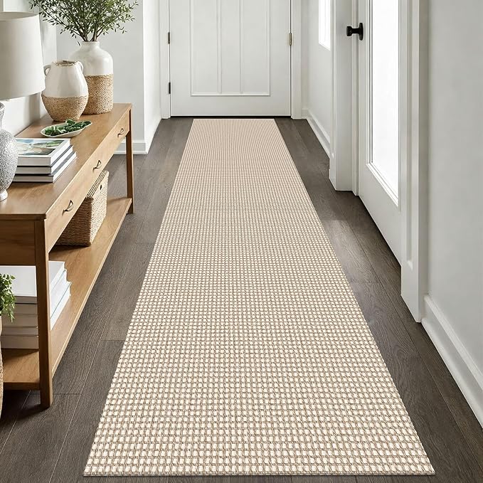 EARTHALL Woven Runner Rug 2x8 Ft Washable Runners for Hallways Cotton Non Slip Rubber Backed Kitchen Runner Braided Indoor Floor Carpet for Entryway, Hallway, Kitchen, Bedroom, Beige/Ivory