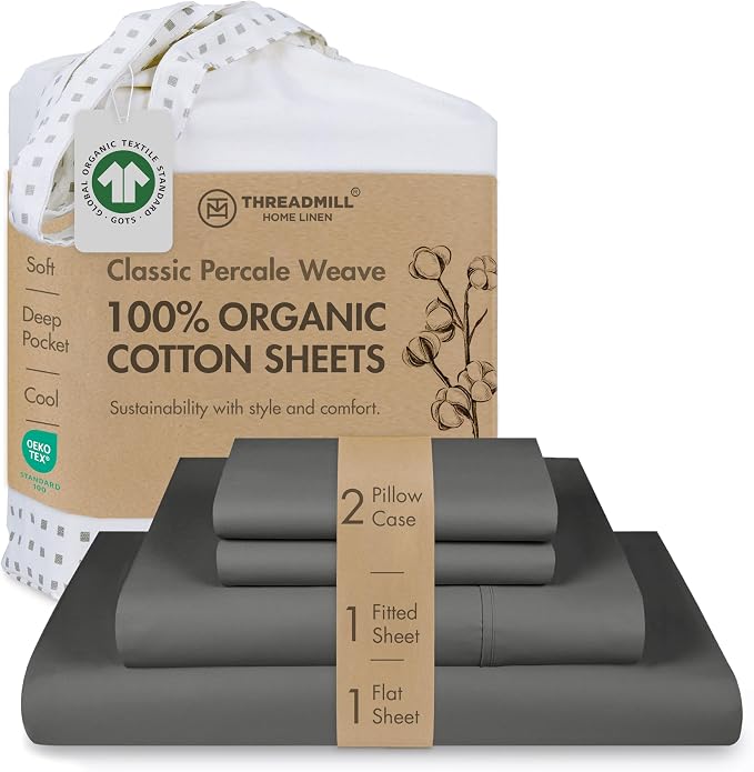 Threadmill 100% Organic Cotton Sheet Set - Full, 4 Piece, Dark Grey - GOTS Certified - Lightweight and Cooling Sheets with All-Around Elastic for Fitted Sheet Upto 16" Deep Pocket