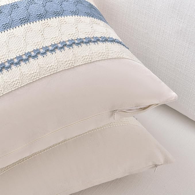 Fancy Homi Set of 1 Boho Light Blue Decorative Throw Pillow Cover 16x16 Inch for Couch Bed Sofa, Aesthetic Modern Organic Farmhouse Home Decor, Soft Cotton Cute Accent Macrame Woven Cushion Case