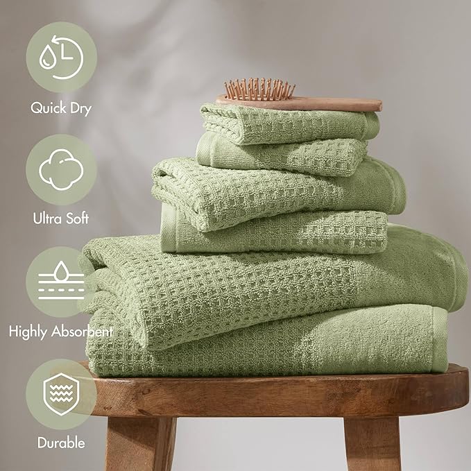 Madison Park Spa Waffle 100% Cotton Luxurious Towel Set, Premium Texture Waffle Weave, Highly Absorbent, Quick Dry, Hotel & Spa Quality Wash Clothes for Bathroom, Assorted Sizes, Sage Green 6 Piece