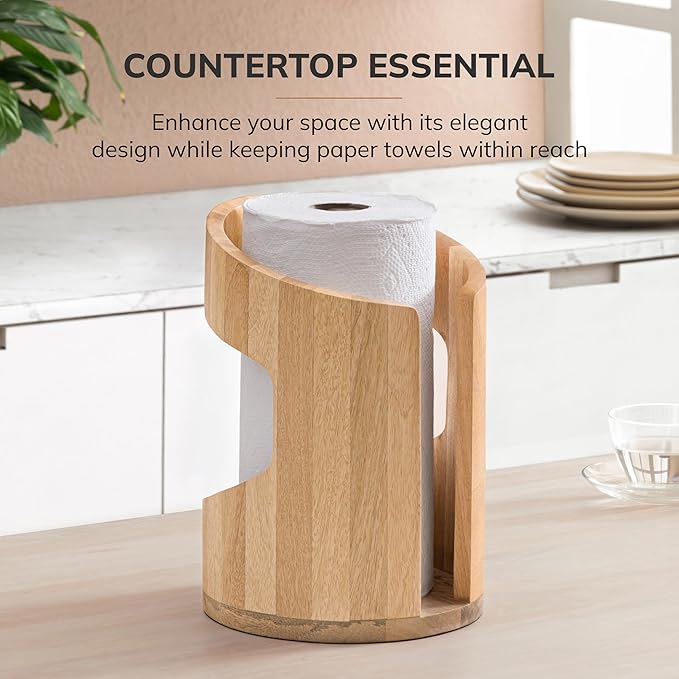 Anji Mountain Wooden Paper Towel Holder Countertop with Mango Wood Round Base and Iron Holder, Holder Stand for Kitchen Roll Organizer & Kitchen Dining Table Home Decor - Mango/Gold, Arc Hold