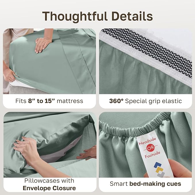 California Design Den King Sheets Deep Pocket Set - Soft 100% Organic Cotton Sheets, Crisp and Cool Percale, Deep Pockets with Anti-Skid Elastic, Breathable and Durable Bedding Set - Sage Green