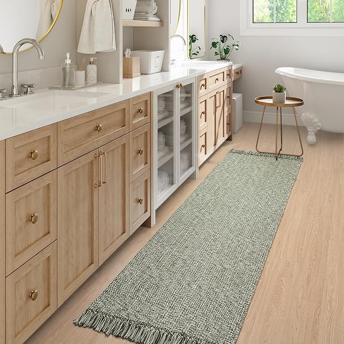 Collive Long Hallway Runner Rug 2.6' x 7', Washable Runner Indoor Entryway Rug, Olive Green/Cream Braided Woven Kitchen Runner Rugs Low-Profile Front Door Floor Carpet for Bedroom Doorway