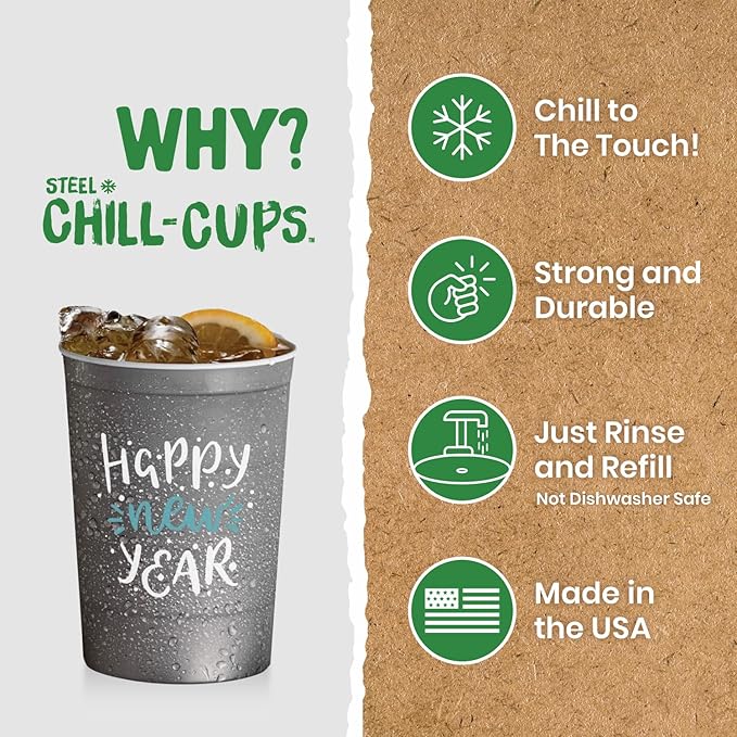 Steel Chill Cups 16 oz. Party Cups 'Happy New Year' Champagne Design for Cold Drinks, Durable, Disposable, Recyclable, Made in USA, Gray, 12 Count