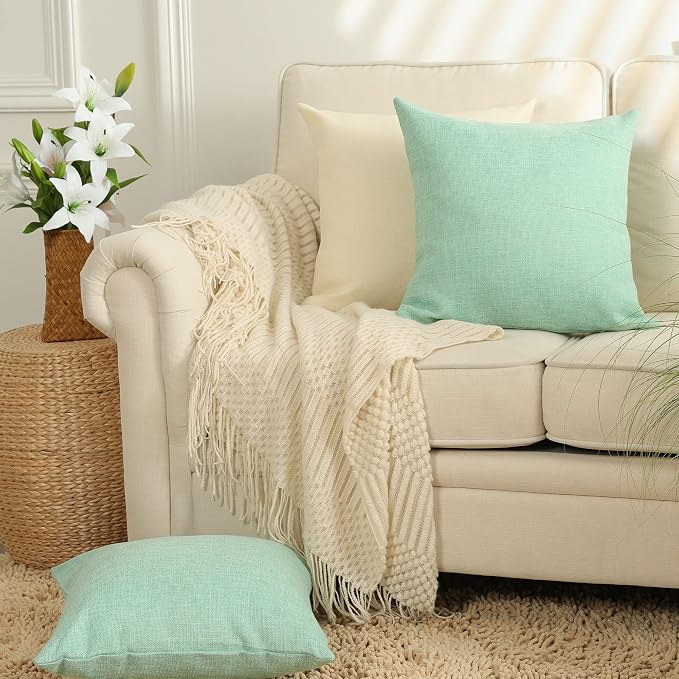Stellhome Set of 2 Linen Throw Pillow Cover Square Spring Decorative Farmhouse Burlap Cushion Case for Home Decoration, 20 x 20 inch (50 cm), Green