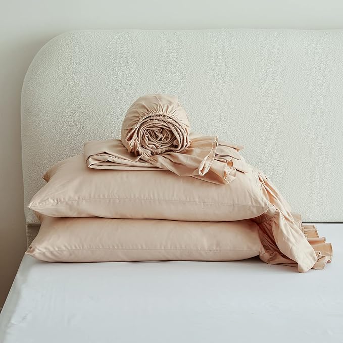 Simple&Opulence 100% Organic Cotton Sheet Set, Long Ruffle Bed Sheets (1 Flat Sheet, 1 Fitted Sheet and 2 Pillowcases) Elegant Shabby Chic Bedding Farmhouse Charming Vintage - Sand, Queen
