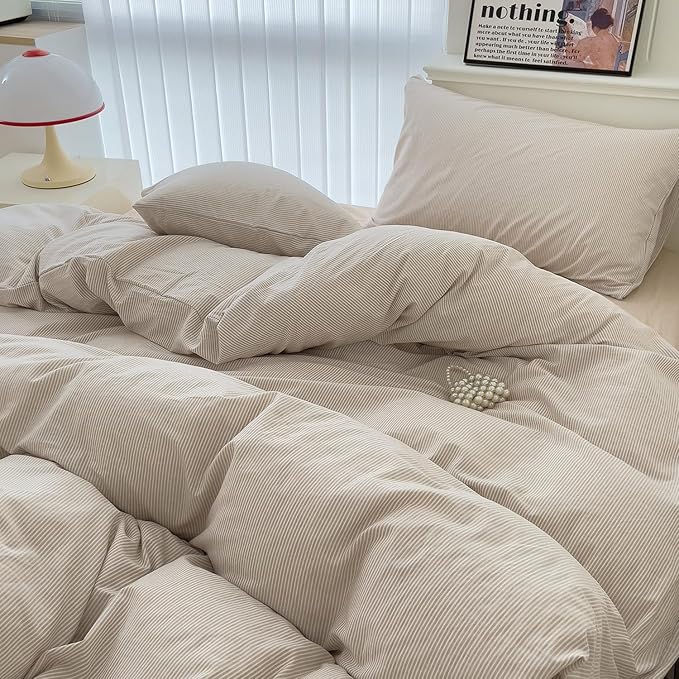 mixinni Tan Striped Duvet Cover Queen Size - 100% Washed Cotton Beige Pinstripe Comforter Cover with Zipper Closure, Lightweight & Breathable, 3 Pieces Minimalist Stripes Pattern Printed Bedding Set