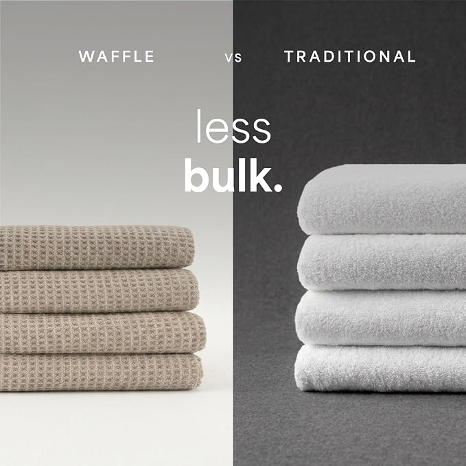 S&T INC. Aura Microfiber Waffle Bath Towels, 4 Pack, Quick-Dry, Ultra Absorbent, Lightweight Towels for Bathroom, 30 inches x 60 inches, 420GSM, Beige