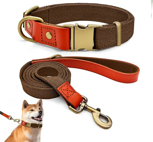 Dog Collar and Leash Set with Metal Quick Release Buckle, Adjustable, Breathable Nylon, Durable, Soft and Comfortable, No Pull for Walking and Training, Brown, L (14.9"-22.8")