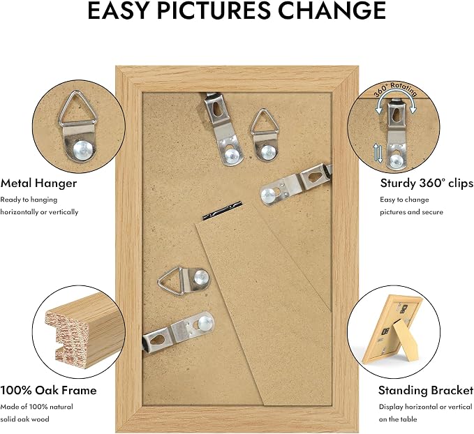 Hongkee 3x5 Oak Wood Picture Frame (1 Pack, Natural) with Real Glass Cover | Solid Wood 3 x 5 Small Frame for Wall or Tabletop Display - Includes Easel Back, Vertical Hang - Ideal for Home, Office