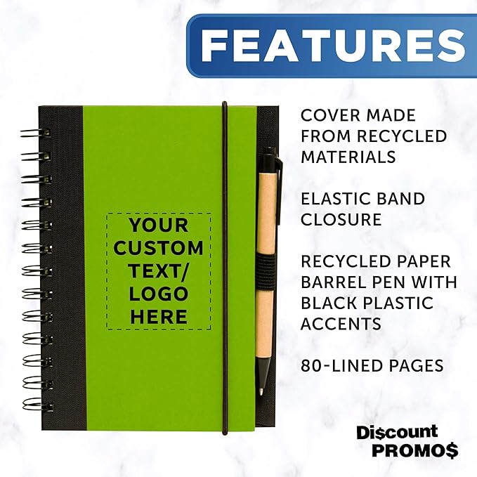 DISCOUNT PROMOS Custom Eco Block Notebooks with Pens Set of 10/50/100, Personalized Bulk Pack - Perfect for School, Office, Business, Home - Lime Green