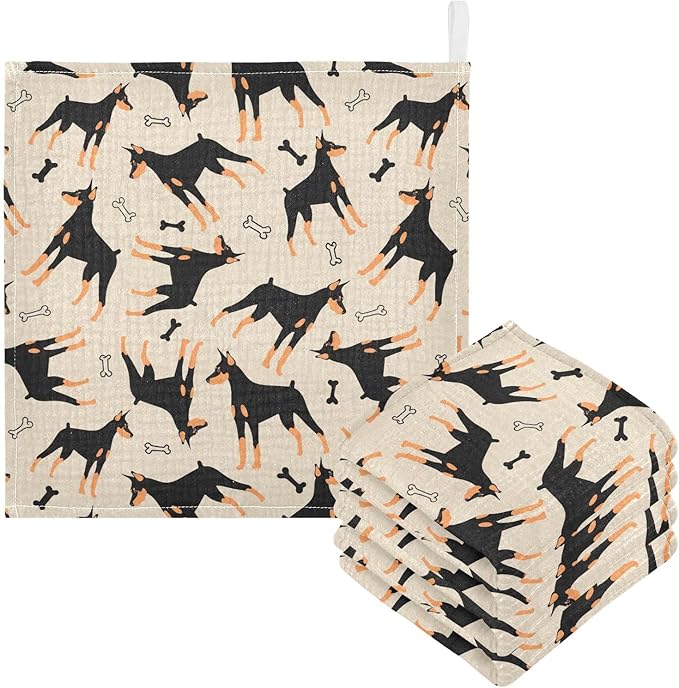 Baby Doberman Cartoon Dog Msulin Washcloths Newborn Face Towel - Baby Muslin Burp Cloths 5 Pack Soft Absorbent Natural Cotton Wash Towel 11.8"X11.8" Baby Bath Towels Wipes