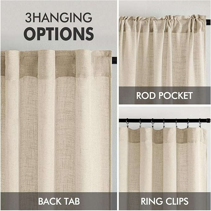MIULEE Linen Curtains 63 Inch Length 2 Panels for Bedroom Living Room, Soft Thick Linen Textured Back Tab Kitchen Window Drapes Semi Sheer Light Filtering Rod Pocket Modern Farmhouse Decor