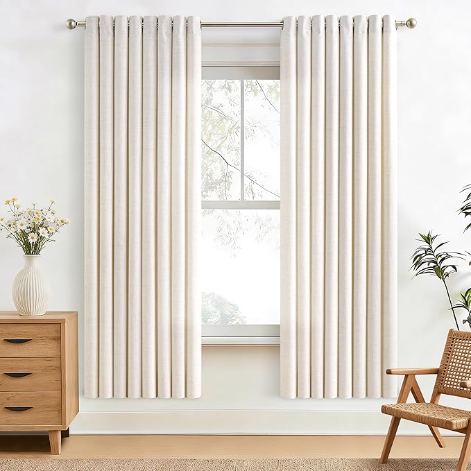 Natural Linen Curtains 72 Inch Length 2 Panels Set Ivory Cream Colored Light Filtering Semi Sheer Drapes Thick Linen Boho Farmhouse Neutral Country Window Curtain for Dining Room 52x72