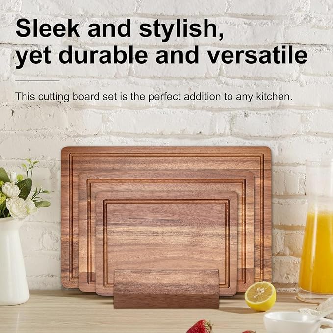 3 Pcs Acacia Wood Cutting Board Set with Holder Stand Meat Chopping Board Set Large Charcuterie Boards Solid Wooden Cutting Boards for Kitchen Decor Carving Butcher Block Bread Serving Cheese Board