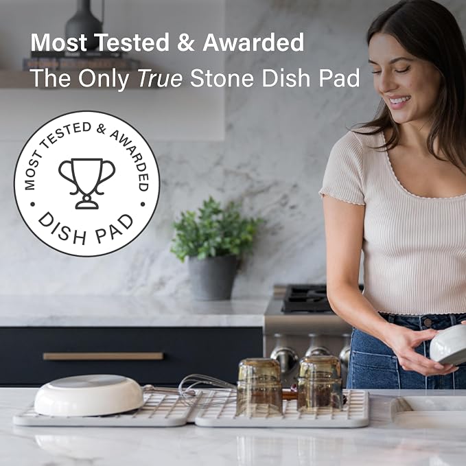 Dorai Home Dish Pad - Collapsable Stone Dish Drying Mat with Diatomaceous Earth for Quick Drying - Ultra Absorbent - Encased in Silicone - Eco-Friendly, Foldable - Large 24.6" x 16.5", Sandstone