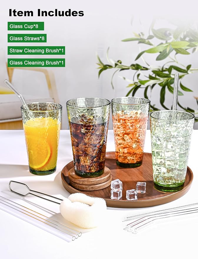 Amyoole Drinking Glasses Set of 8,16oz Green Highball Water Glasses,Stackable Lead-Free Hammered Glass Cups,Kitchen Drinkware Glassware for Cocktail,Beer,Juice,Iced Tea,Margaritas and Mixed Drinks