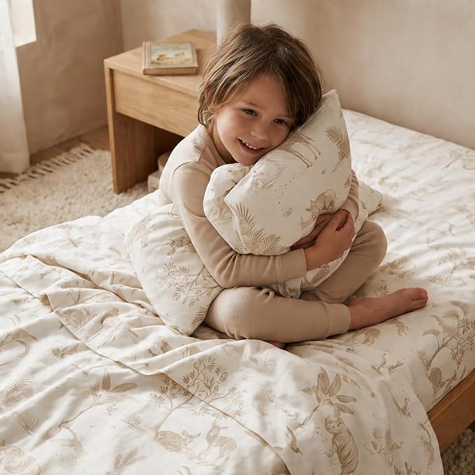 MakeMake Organics Organic Sheet Set Queen (4 Piece) GOTS Certified Organic Cotton Sheets 300 TC Sateen Soft Fitted Sheet Flat Sheet Pillow Cases Toddler Kids (Queen, Safari)