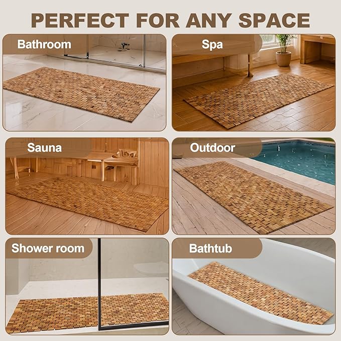Junkin Teak Wood Bath Mat 47 x 17 Inch, Extra Long Non Slip Wooden Shower Mat for Bathroom, Teak Spa Accessory for Bathtub Area, Spa Home or Outdoor