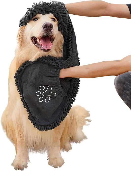 Dog Towel Microfiber, Black | Super Absorbent, Fast Dry, Hand Pockets, Large & Small Dogs, Machine Washable