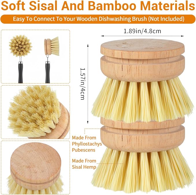 12 Pcs Bamboo Dish Brush Replacement Heads, Wooden Dish Brushes for Cleaning – Kitchen Wood Dish Scrubbers Washing Up Brush Heads Natural Bristle Brush Refills for Dishes, Pots