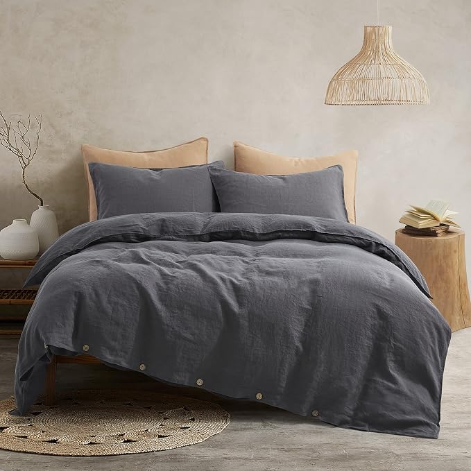 ATLINIA 100% Flax Linen Duvet Cover Set - Stone Washed Pure French Linen Organic Fabric for Farmhouse Comforter Boho Bedding Included 1 Duvet Cover 2 Pillow Shams(Dark Grey, California King)