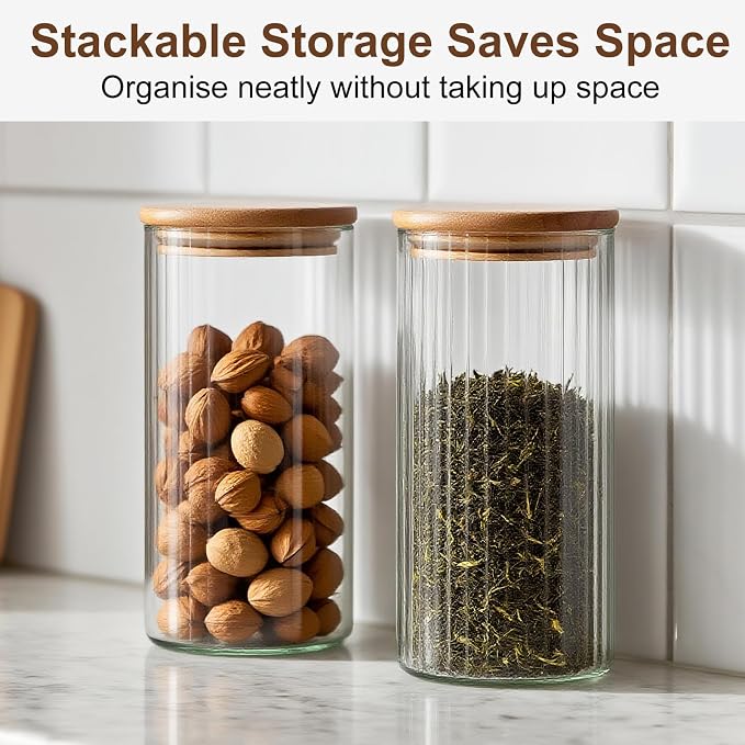800ml/27.05oz Glass Jars with Bamboo Lids - Round Pasta Storage Containers - Large Clear Kitchen Canisters with Sealing Lids - Glass Food Storage Jars for Oats,Nuts,Flour