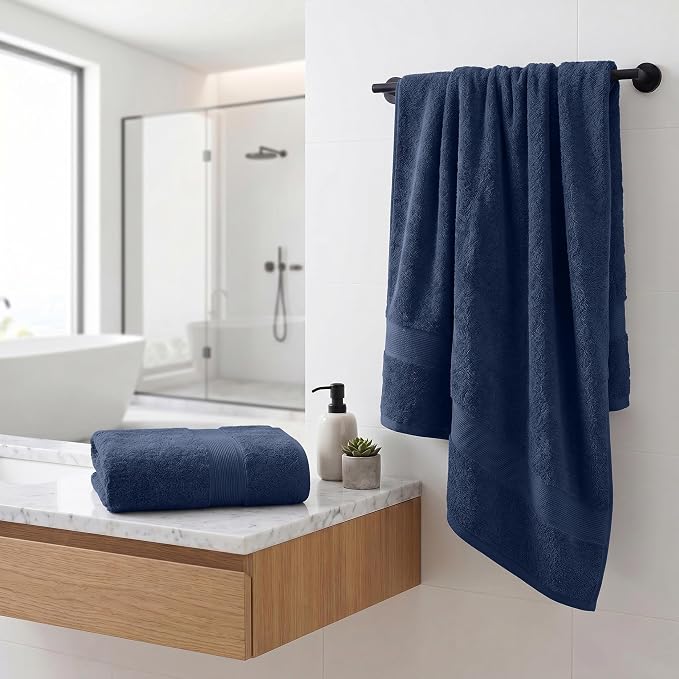 Superior 100% Organic Cotton Bath Towel Set of 3, Daily Use for Bathroom, Guest Bath, Quick Dry, Spa, Resort Towels, Absorbent, Home Essentials, 3-Piece Bath Towels, Oregon Collection, Navy Blue