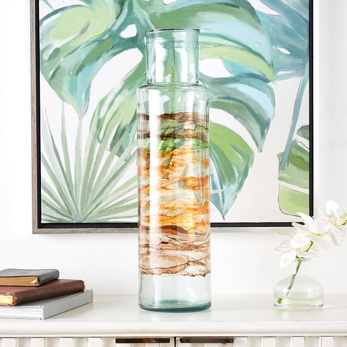 Deco 79 Recycled Glass Decorative Vase Abstract Centerpiece Vase with Swirled Colored Glass Bands, Flower Vase for Home Decoration 6" x 6" x 22", Clear