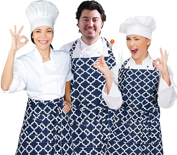 LessMo Kitchen Cooking Aprons with 3 Pockets for Men Women - Cotton Adjustable Professional Grade Chef Apron for Kitchen, BBQ & Grill (Blue)