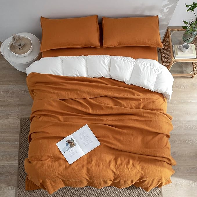 EVERLY Linen Sheets Set King Size, 100% French Stonewash Pure Linen, 4 Pieces (1 Flat Sheet, 1 Fitted Sheet, 2 Pillowcases), Deep Pocket, Natural Bedding Set - Caramel