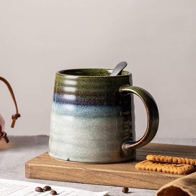 15.5 Oz Large Reactive Glaze Ceramic Mug, Heavy Weighted Stoneware Coffee Cup, Wide Base, Thick Wall Big Tea Cup with Custom Package Box, Microwave & Dishwasher Safe (Light Green)