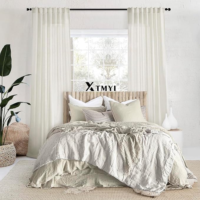 XTMYI 105 Inch Curtains 2 Panels Set Custom Length Back Tab Linen Window Sheer Curtain Drapes for Living Room Bedroom,50x105 in Long,Cream(Ivory/Off White)