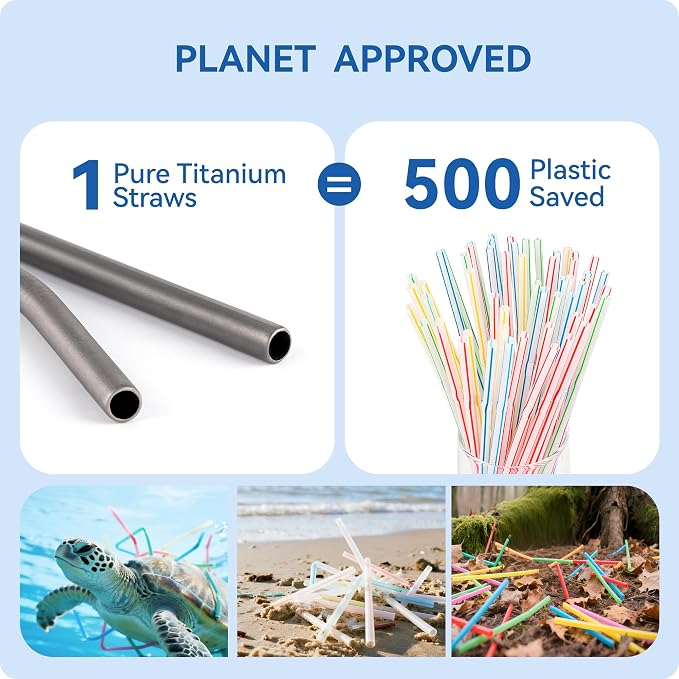 Heavy - Duty Titanium Straws 8.5" Reusable for 20 oz Tumlbers | Metal Drinking Straws for All Kinds of Hot & Cold Drinks, Eco Conscious, BPA Free with Cleaning Brush(No Silicone Tips)