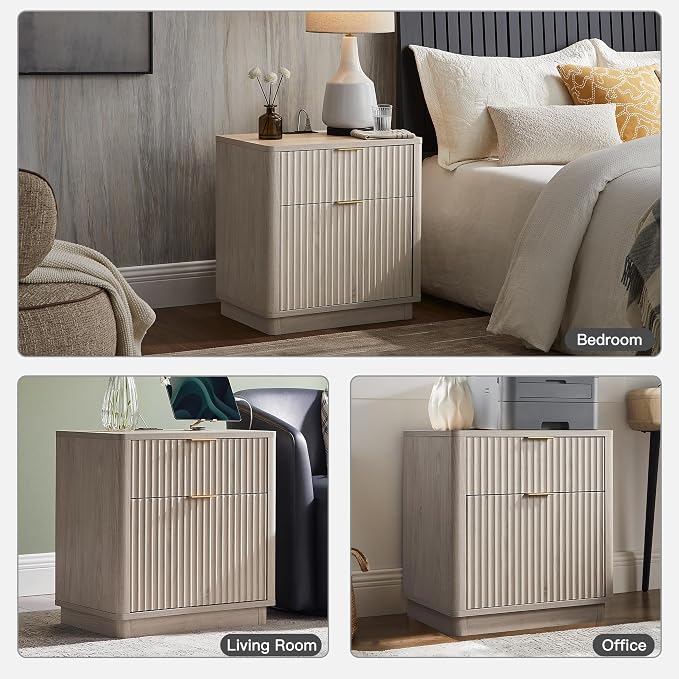 T4TREAM 23'' Fluted Nightstand Swith Charging Station, Large 2 Drawer Side Table, Modern End Table with Storage, Mid Century Bedside Table for Bedroom, Living Room, Curved Profile, White Alder