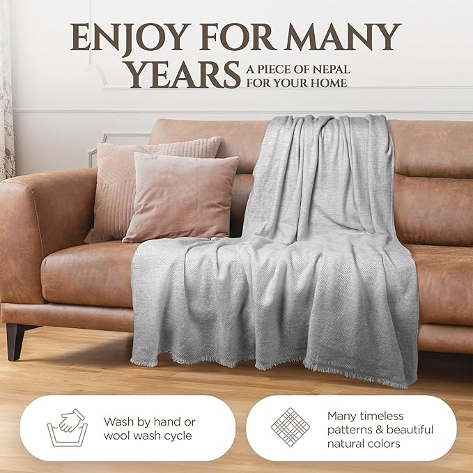 Cashmere Blanket – Hand Woven 100% Pure Wool Throw Blanket, 135 x 270 cm – Fine Herringbone Pattern Cozy, and Soft Blanket for Bed, Sofa, or Couch - Made in Nepal