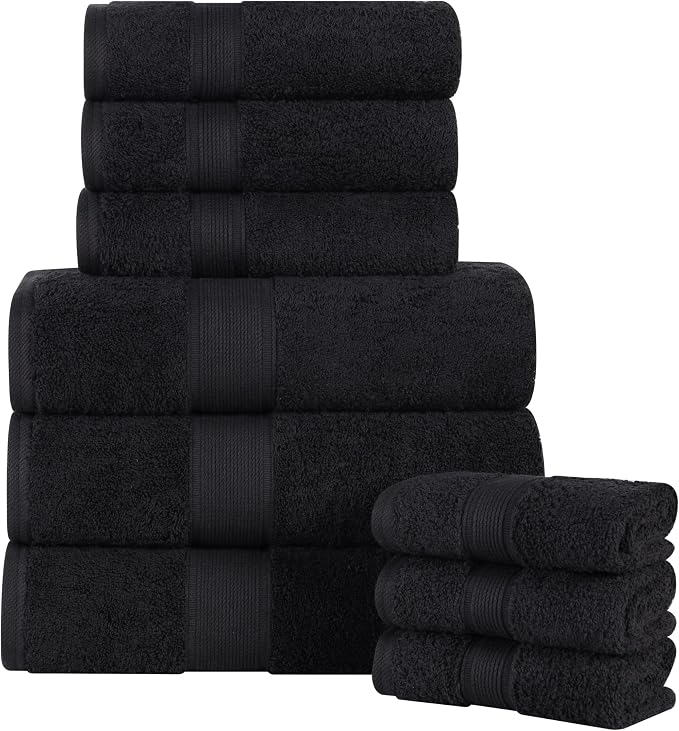 Superior 100% Organic Cotton 9-Piece Towel Set, Includes 3 Bath Towels, 3 Hand Towels, 3 Face Towels/Washcloth, Daily Use, Bathroom, Guest Bath, Absorbent, Home Essentials, Oregon Collection, Black