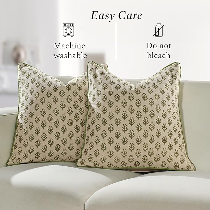 CPC Throw Piping Pillow Covers for Couch, 24x24 Inch Pillows for Living Room, 100% Cotton Boho Cute Outdoor Pillows, Flower Cushion Covers Gift for Spring, Easter - Earty Boho Vine