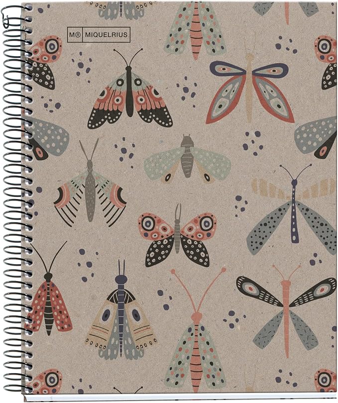 Miquelrius - A5 Notebook, 5 mm Grid, 80 g/m² Recycled Paper, 80 Sheets of one Colour, Recycled Notebook, Spiral, Squared Notebook, Eco Butterflies