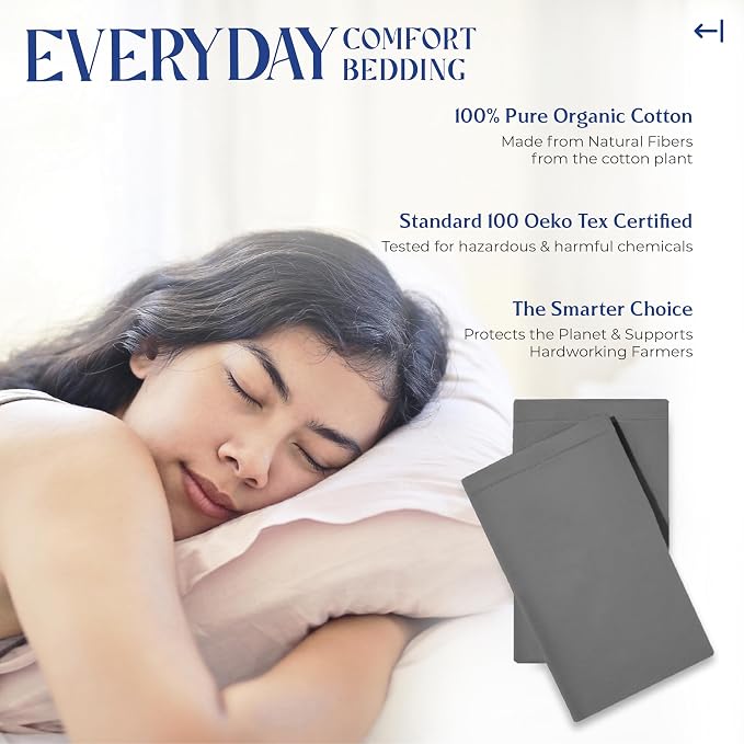 Mayfair Linen 100% Organic Cotton King Size Pillow Cases Set of 2 - Soft Hotel Quality Covers for King Size Pillows (Dark Grey), Authentic GOTS Certified, Crisp, Cooling Percale Cotton Pillowcases