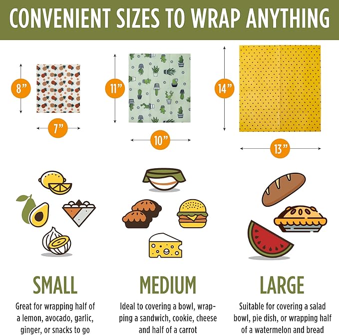 Trifecta Living Co. Versatile Beeswax Wraps,Set of 7-Fresh Food Keeper, Durable & Easily Cleaned, Sustainable Step Towards a Zero-Waste Kitchen, Unique Designs (Pineapple, Cactus, Star)