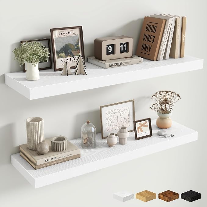 Fun Memories Floating Shelves Set of 2, 36 Inch Long Wooden Wall Shelves, 10 Inch Deep Wall Mounted Storage Shelf with Metal Brackets for Living Room, Bathroom, Bedroom and Kitchen, White