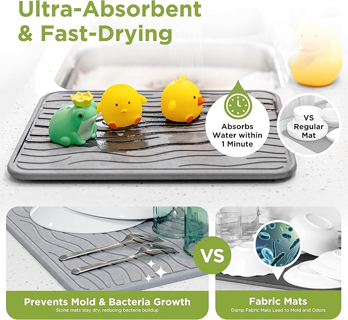 Stone Dish Drying Mat for Kitchen Counter - Super Absorbent, Fast Drying Diatomaceous Earth, Prevents Water Build-Up, Non-Slip & Heat Resistant, 15.75" X 11.75", Dark Gray
