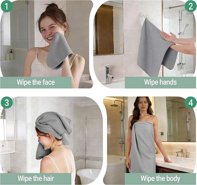 MICROFI Waffle Weave Bath Towel Set, Microfiber, 4 Pieces (Body/Hair/Hand/Face), Quick Dry, Lightweight, Super Absorbent, Lint Free, 380 GSM (Silver)