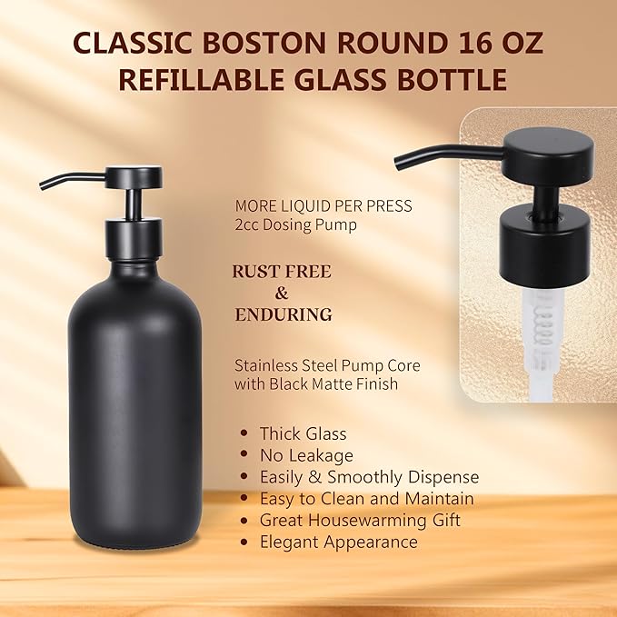 Ronasip Set of 5 Kitchen Soap Dispenser Set 16 Oz Glass Hand Dish Soap Dispenser with Stainless Steel Pump, Cement Tray, Dish Scrub Brush for Farmhouse Rustic Home Bathroom Decor (Black)