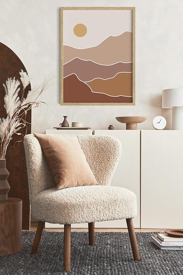 Abstract Mountain Landscape Wall Art Sun Rolling Hills Earth Tones Terracotta Mid Century Modern 16x20 Inch Oak Wood Beige Framed Minimalist Scenery Print for Nursery Decor