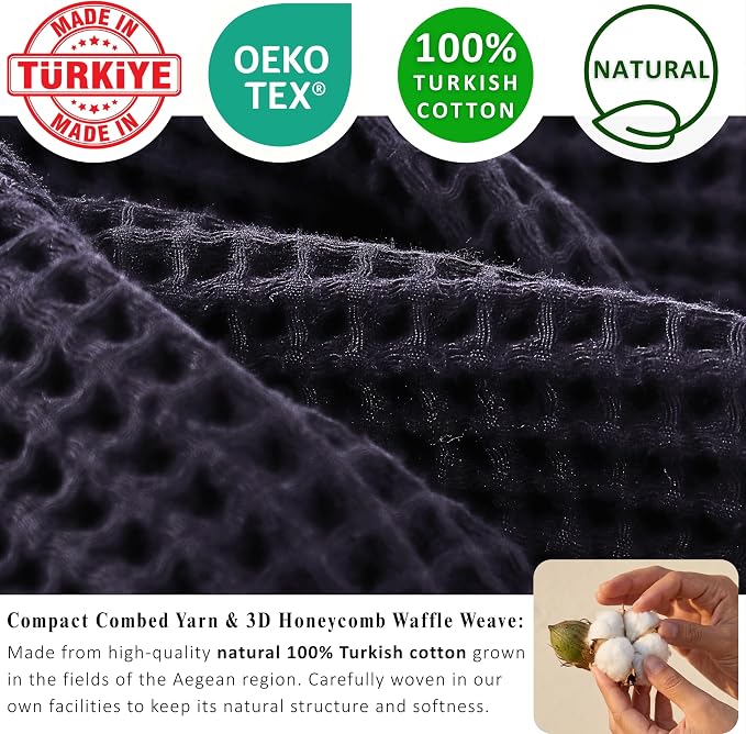 PÜSKÜL 4-Piece Natural 100% Turkish Cotton Luxury Waffle Towels for Bathroom | Premium Quality Honeycomb Weave 2 Hand Towel & 2 Bath Towel Set | Soft Absorbent Quick-Dry Lightweight Towels (Black)